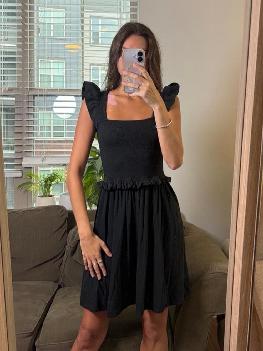 Nation LTD Los Angeles black smocked midi/ mini dress with ruffle detail